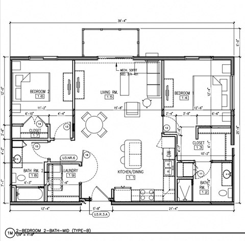 Floor plan for 2 beds, 2 baths, 1056 sqft